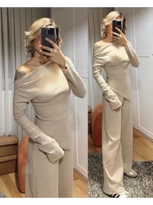 Kadın Uzun Kollu Omuzlardan Açık Asimetrik Kesim Kaşkorse Bluz ve Pantolon Ikili Pantolon