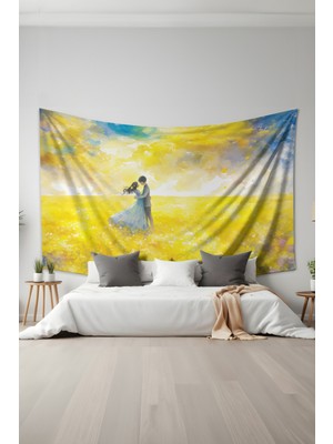 Çiçek Tarlasında Dans Desenli Duvar Halısı Duvar Örtüsü Tapestry Süet Dokulu Kumaş
