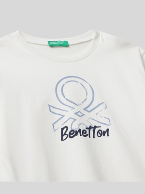 Benetton Erkek Çocuk Ekru Baskılı Sweatshirt 1-6 Yaş Düz Yaka Standart Cep Özellikli