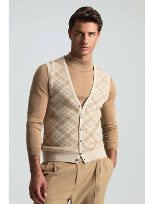 Merino Yün Baklava Desen Açık Bej Yelek
