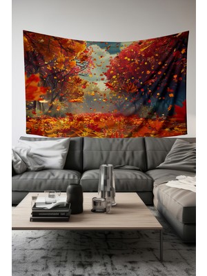 Sonbahar Yaprakları Desenli Duvar Halısı Duvar Örtüsü Tapestry Süet Dokulu Kumaş