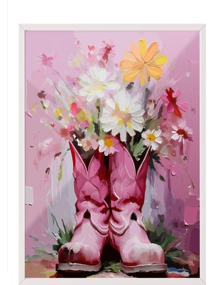 Beyaz Çerçeveli Tablo, Pembe Çiçekler ve Kadın Figürü, Salon Dekoru Poster No: 113717