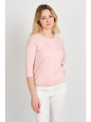 Sistas Kadın Omuz ve Kolları Tül Detaylı Beli Lastikli Truvakar Kol Bluz 23321 Pudra