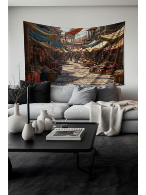 Baharat Pazarı Desenli Duvar Halısı Duvar Örtüsü Tapestry Süet Dokulu Kumaş