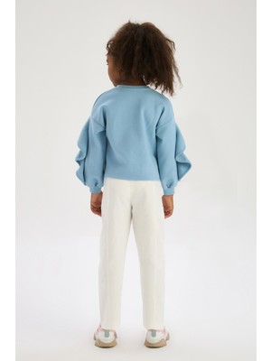 Tyess Bg Store Kız Çocuk Mavi Sweatshirt Uzun Kol Standart Yaka Düz Desenli Rahat Kesim