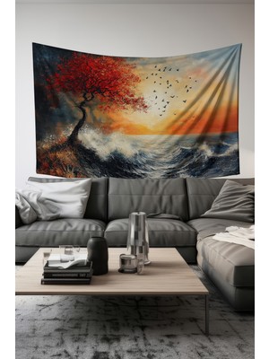 Kırmızı Ağaç Desenli Duvar Halısı Duvar Örtüsü Tapestry Süet Dokulu Kumaş