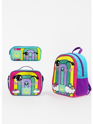 United Colors Of Benetton Gökkuşağı Desenli Üçlü Anaokul Çantası Seti(Tek Gözlü Sırt Çantası,çift Gözlü Kalem Kutusu,beslenme Çantası)