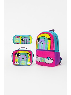 United Colors Of Benetton Gökkuşağı Desenli Üçlü Okul Çantası Seti(Tek Bölmeli Sırt Çantası,çift Bölmeli Kalem Çantası,beslenme Çantası)
