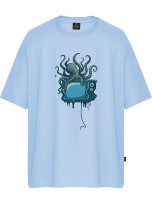 Unisex Octopus Tv Baskılı Oversize Tişört