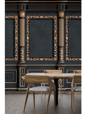 Vintage Antrasit Altın Çerçeve Sütun Desenli Duvar Kağıdı