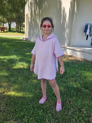 Mia Mina Home & Baby 4 Kat Müslin Kapüşonlu Çoban Dikişli Çocuk Panço Pembe Renk 3-4 Yaş