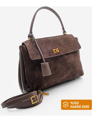 Marjin Kadın Hakiki Deri Kilit Detaylı Charmlı El ve Omuz Çantası Rinyas Kahve Süet