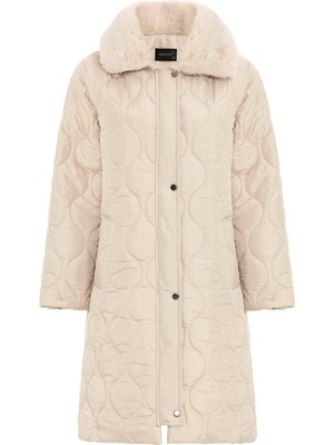 Yakası Kürklü Çıkabilir Kapüşonlu Fermuar Kapamalı Kapitone Mont Bej 6784