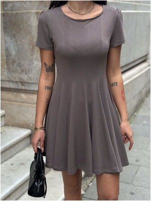 Modal Kumaş Volanlı Bej Elbise