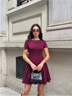 Modal Kumaş Volanlı Bordo Elbise