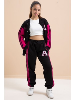 Cansın Mini Siyah Yazılı Kolej Ceketli Kız Çocuk Eşofman Takımı 3 İplik Şardonlu Kalın Kumaş