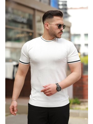 Erkek Bisiklet Yaka Çizgi Desenli Ribanalı Kısa Kollu Tshirt