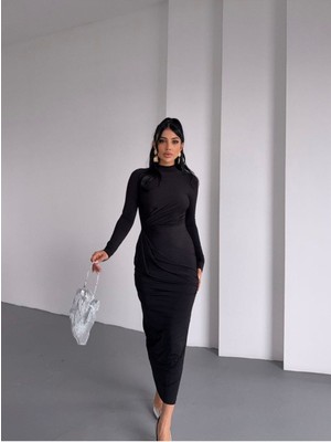 Drapeli Sandy Kumaş Uzun Kol Elbise