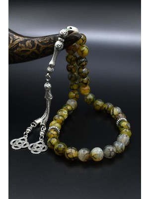 Doğal Damarlı Akik Taşlı 33'lük Tesbih Metal Püsküllü 10MM Küre Kesim 902241