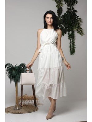 Ekru Halter Yakalı Kuşaklı Elbise