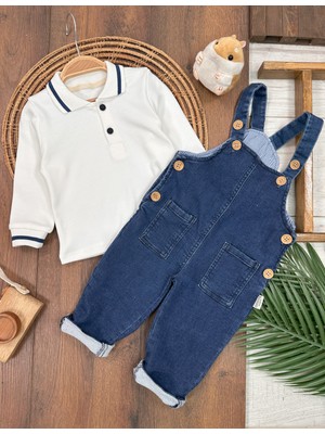 Salopet Likralı Kot Polo Yaka Sweatshirt Düğmeli Salopet Erkek Bebek Takım
