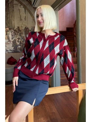 Bordo Baklava Desenli Bisiklet Yaka Kadın Hırka MG2496
