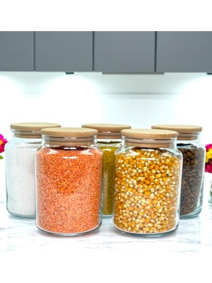 5'li Ahşap Vakum Kapaklı 800 ml Cam Bakliyat Saklama Kavanozu Seti 