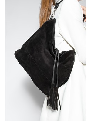 Marjin Kadın Hakiki Deri Püsküllü El ve Omuz Çantası Olven Siyah Süet