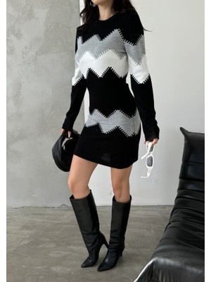 Kadın Uzun Kollu Zigzag Desen Triko Elbise