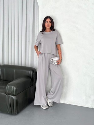 Osy Modal Yumuşak Dokulu Kumaş Bisiklet Yaka T-Shirt  Bol Paça Pantalon Ikili Takım - Boyalı Gri