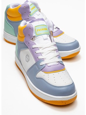 Bağlcıklı Kadın Spor Ayakkabı Beyaz Mavi Sarı Lila Yeşil