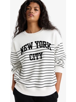 DeFacto Relax Fit Bisiklet Yaka Çizgili Baskılı Sweatshirt F7884AX25AU