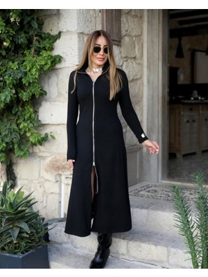Kadın Uzun Kollu Önden Fermuarlı Ithal Krep Elbise