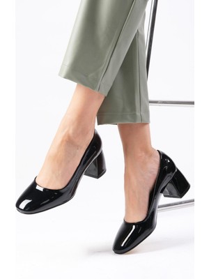 Mio Gusto Jade Siyah Renk Rugan Blok Topuklu Yuvarlak Burunlu Kadın Topuklu Mary Jane Ayakkabı