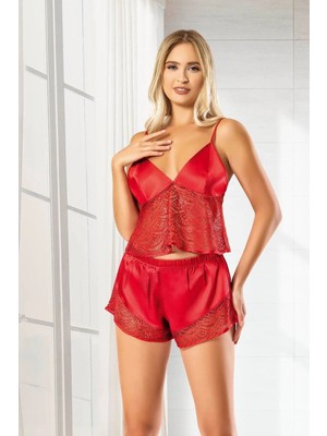 Faal 3108 Kadın Dantel Detaylı Saten Ip Askılı Şortlu Pijama Takım-Kırmızı