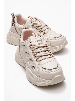 Yan Halka Desenli Kadın Spor Ayakkabı Bej Leopar