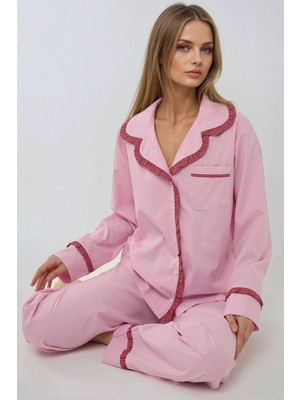 Hiccup Kadın Gömlek Yaka Pamuklu Kareli Pijama Takımı Karanfil Pembesi
