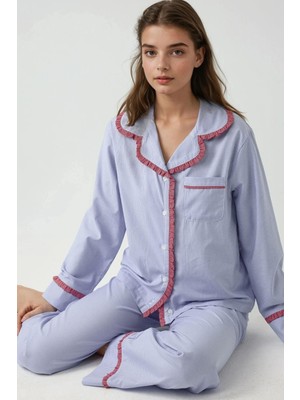 Hiccup Kadın Gömlek Yaka Pamuklu Kareli Pijama Takımı Bebek Mavisi