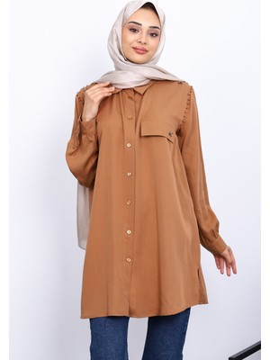 Camel Omuzları Incili Tunik