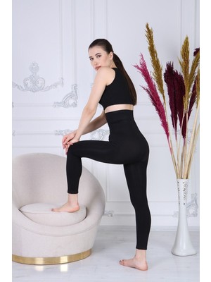 Iki Beden Extra Yüksek Bel Lazer Kesim Siyah Korse Tayt