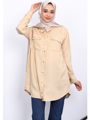 Bej Omuzları Apoletli Çift Cepli Tunik