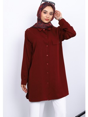 Bordo Omuzları Incili Tunik