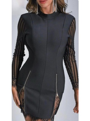Kadın Kolları ve Etek Ucu Dantel Detay Fermuar Dekolteli Skuba Kumaş Mini Elbise