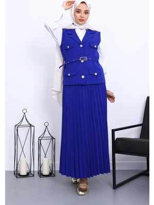 Saks Mavi Kemerli Yelek Etekli Krep Takım