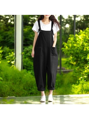 Askılı Büyük Cepli Salopet Keten Tulum