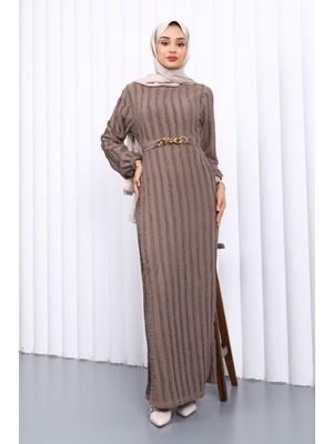 Vizon Beli Kemerli Fırfır Detaylı Gofre Elbise