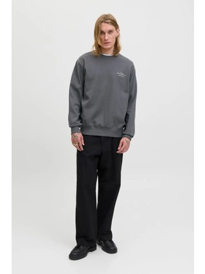 Jack & Jones Erkek Jprblachad Baskılı Bisiklet Yaka Sweatshirt 12261386 Füme