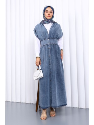Mavi Kruvaze Yaka Düğmeli Kot Elbise