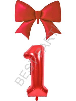 Best Parti Kırmızı Renk Fiyonk Rakam Folyo Balon Seti Yaş 1