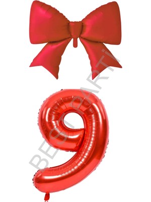 Best Parti Kırmızı Renk Fiyonk Rakam Folyo Balon Seti Yaş 9